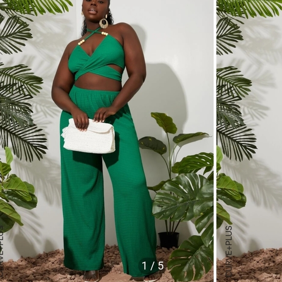 SHEIN Pants - Plus Crisscross Tie Backless Bead Decor Crop Halter Top & Wide Leg Pants